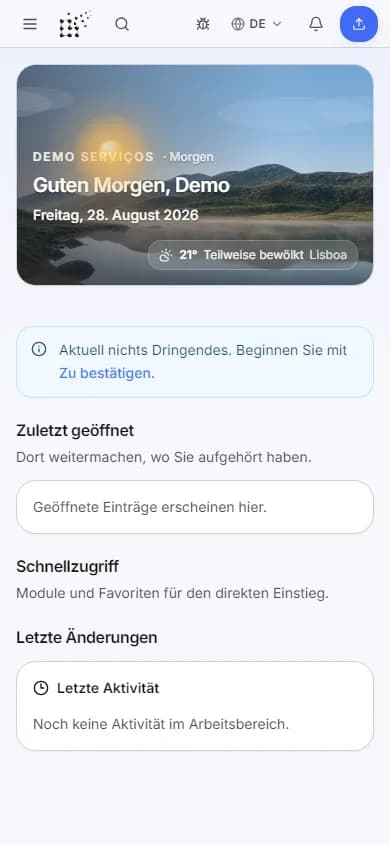 CLENFA mobil — Dashboard auf schmalem Bildschirm